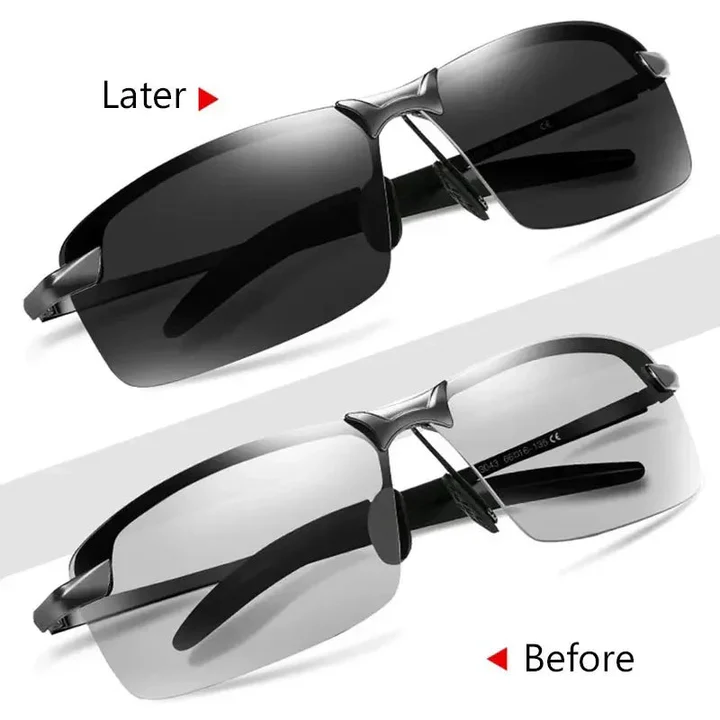 Stylish men's polarized photochromic eyewear, offering adaptive UV protection for driving, sports, and daily outdoor use.