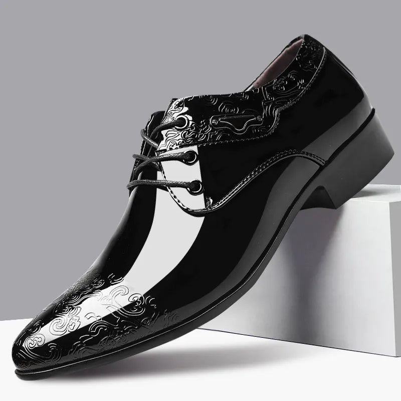 Men's polished black lace-up dress shoes, ideal for formal events & special occasions. Classic elegant design.