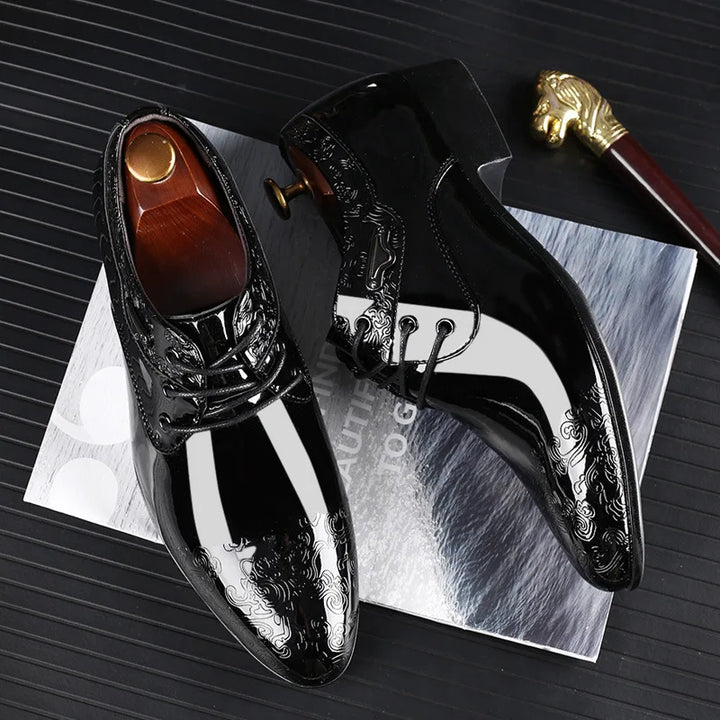 Elegant men's lace-up oxford dress shoes with subtle brogue detail. Polished black finish, perfect for formal wear.