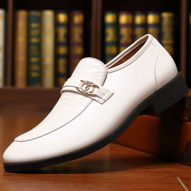 Dressy men's slip-on shoes, polished black, ideal for business meetings & special events.
