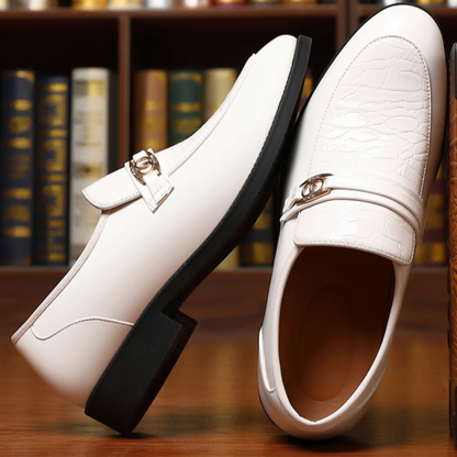Men's formal slip-on loafers, polished black, featuring subtle croc texture & gold hardware.