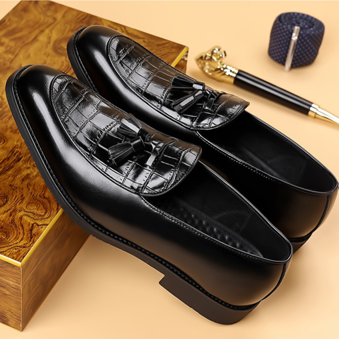 Sharp men's polished tassel loafers, ideal dress shoes for formal events & confident professional attire.