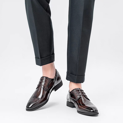 Elegant black polished brogue oxford shoes for men, perfect for formal events & business casual attire.