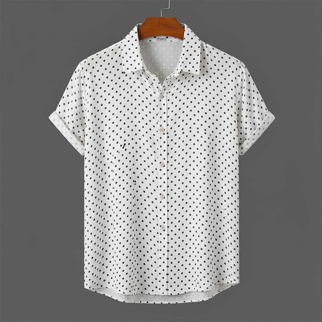 Comfortable men's polka dot cabana shirt for warm weather, effortless short-sleeve summer style.