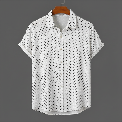 Comfortable men's polka dot cabana shirt for warm weather, effortless short-sleeve summer style.