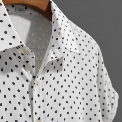 Front view of men's polka dot short-sleeve button-up shirt, a casual summer fashion piece.
