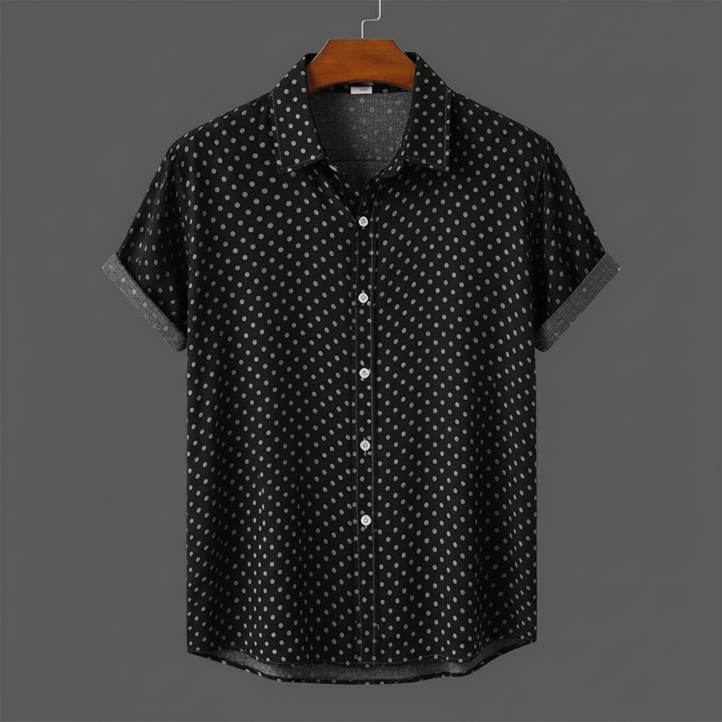 Men's polka dot cabana shirt, perfect short-sleeve top for casual summer outings & beach trips.