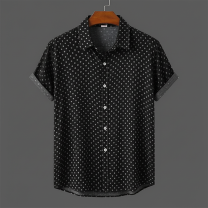 Men's polka dot cabana shirt, perfect short-sleeve top for casual summer outings & beach trips.