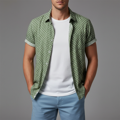 Relaxed fit men's polka dot short-sleeve button-up shirt for casual summer fashion & beach days.