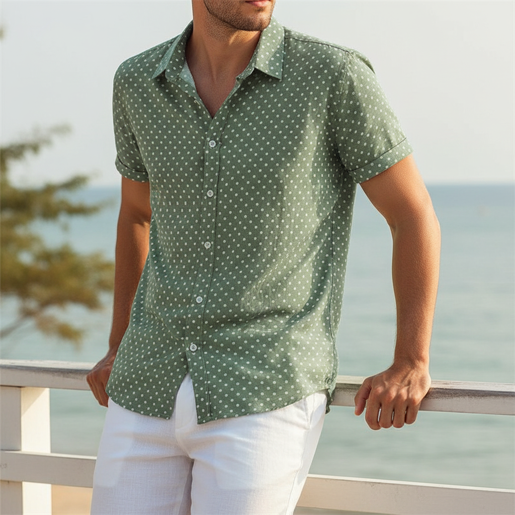 Stylish men's polka dot cabana shirt, perfect vacation wear for warm weather & beach style.