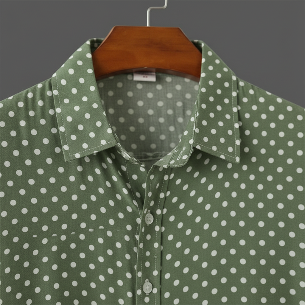 Lightweight men's short-sleeve polka dot shirt, a casual button-up for summer fashion.