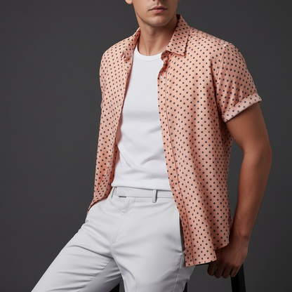 Classic men's polka dot cabana shirt, a summer fashion staple for effortless style & vacation.