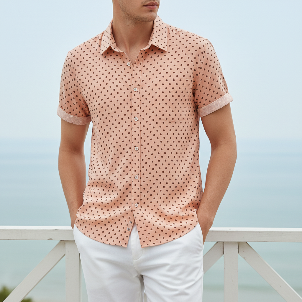 Men's short-sleeve polka dot button-up shirt, relaxed fit for summer casual wear & beach.