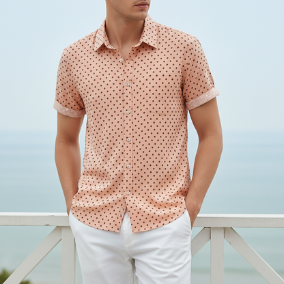 Men's short-sleeve polka dot button-up shirt, relaxed fit for summer casual wear & beach.