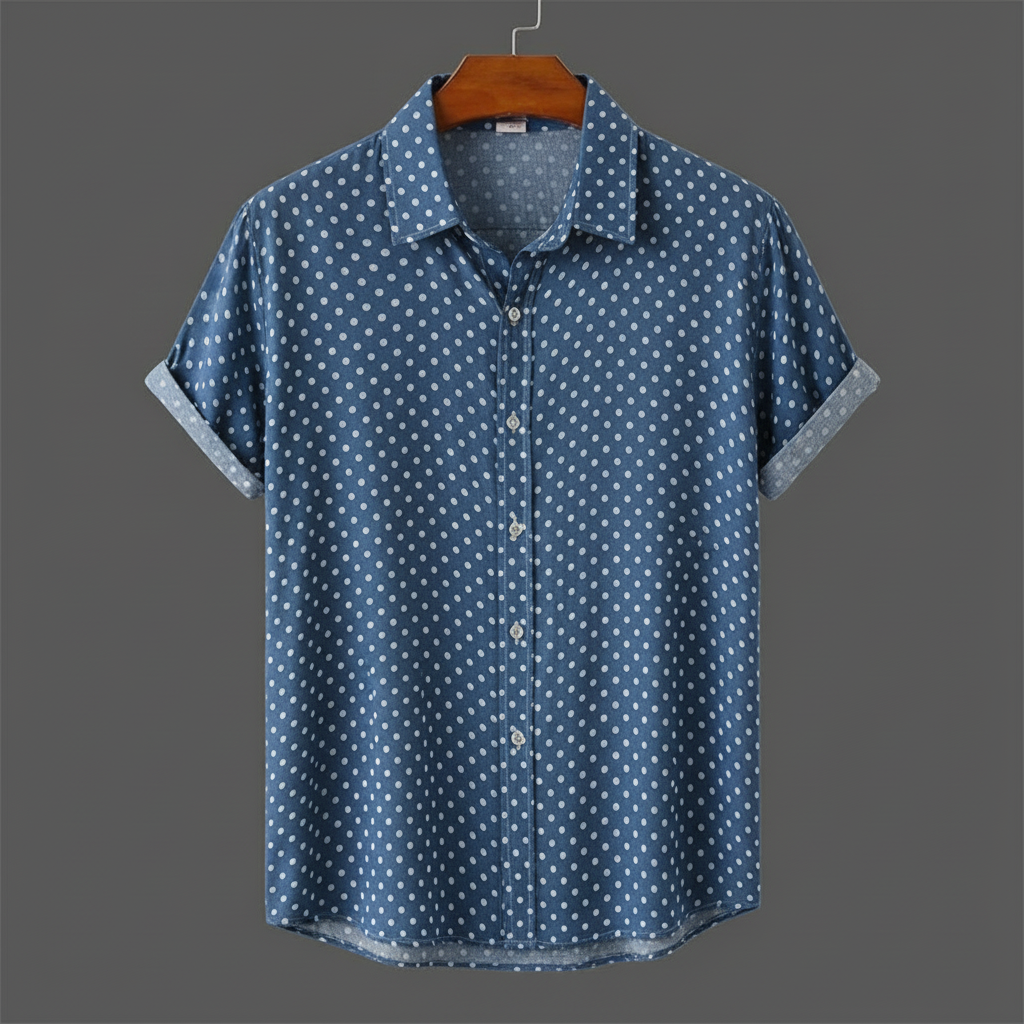Full view of men's polka dot short-sleeve cabana shirt, ideal for summer style & beach wear.