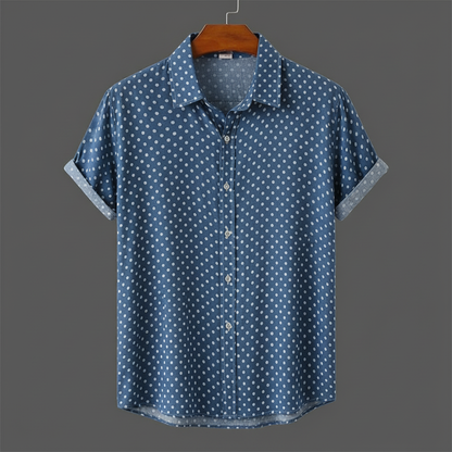 Full view of men's polka dot short-sleeve cabana shirt, ideal for summer style & beach wear.