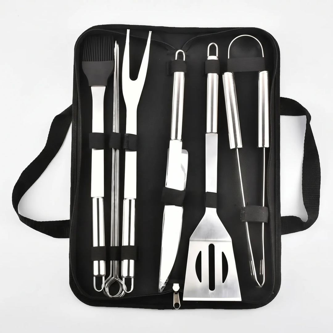 Durable men's portable grill tool set for BBQ cookouts. Stainless steel grilling accessories & utensils.