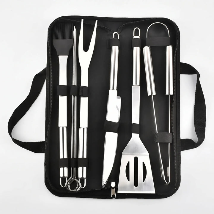 Durable men's portable grill tool set for BBQ cookouts. Stainless steel grilling accessories & utensils.