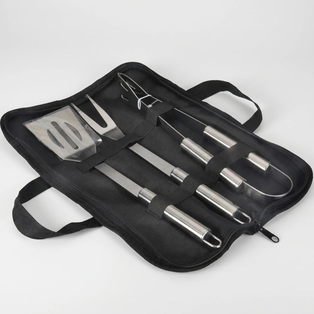 Complete men's portable BBQ tool set. Durable stainless steel utensils for all your outdoor grilling needs.