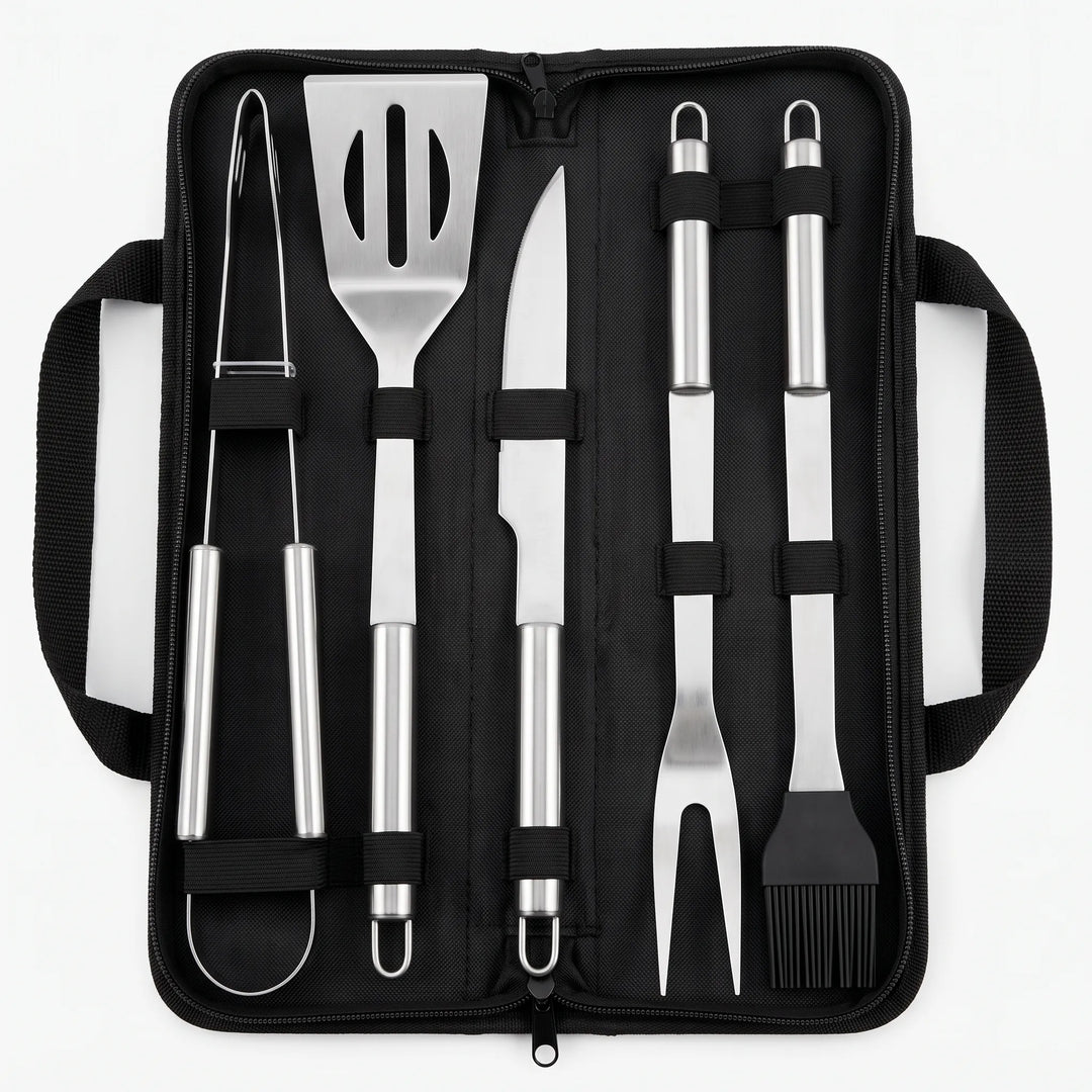 Portable BBQ grilling tool set for men. Stainless steel utensils for easy outdoor cooking and camping.