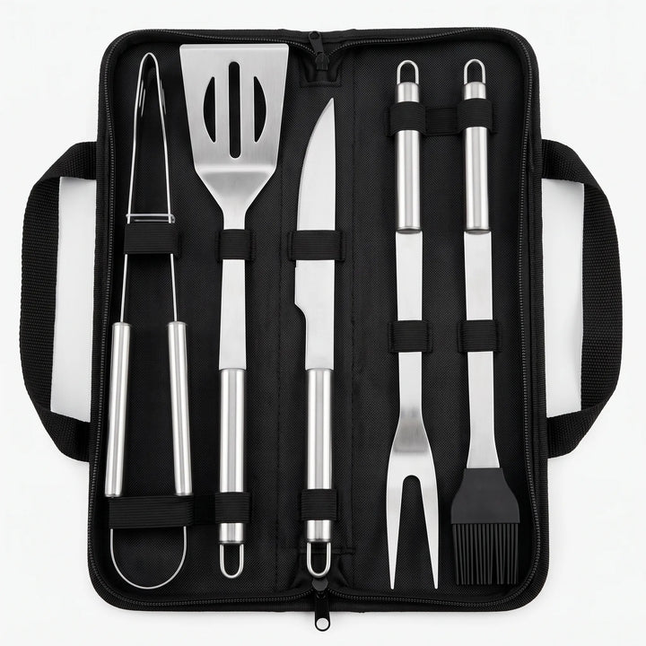 Portable BBQ grilling tool set for men. Stainless steel utensils for easy outdoor cooking and camping.