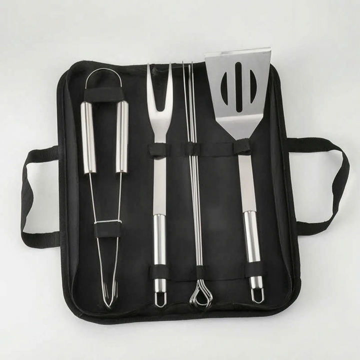 Premium men's portable BBQ grill tool set. Stainless steel accessories for the ultimate cookout experience.