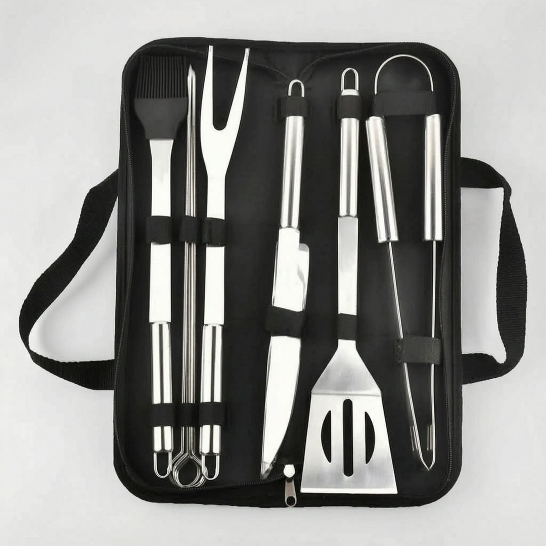Outdoor kitchen essential: men's portable BBQ grilling tool set. Stainless steel utensils for camping & picnics.