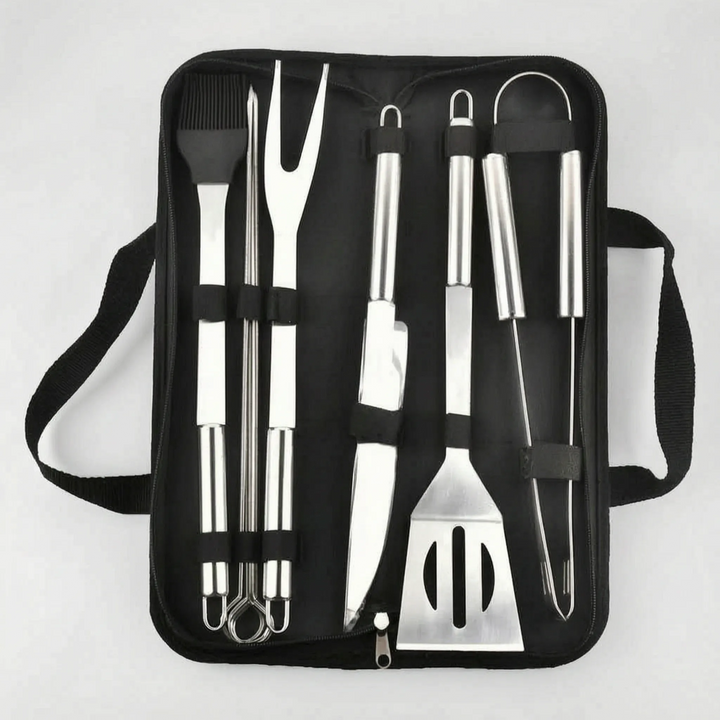 Outdoor kitchen essential: men's portable BBQ grilling tool set. Stainless steel utensils for camping & picnics.