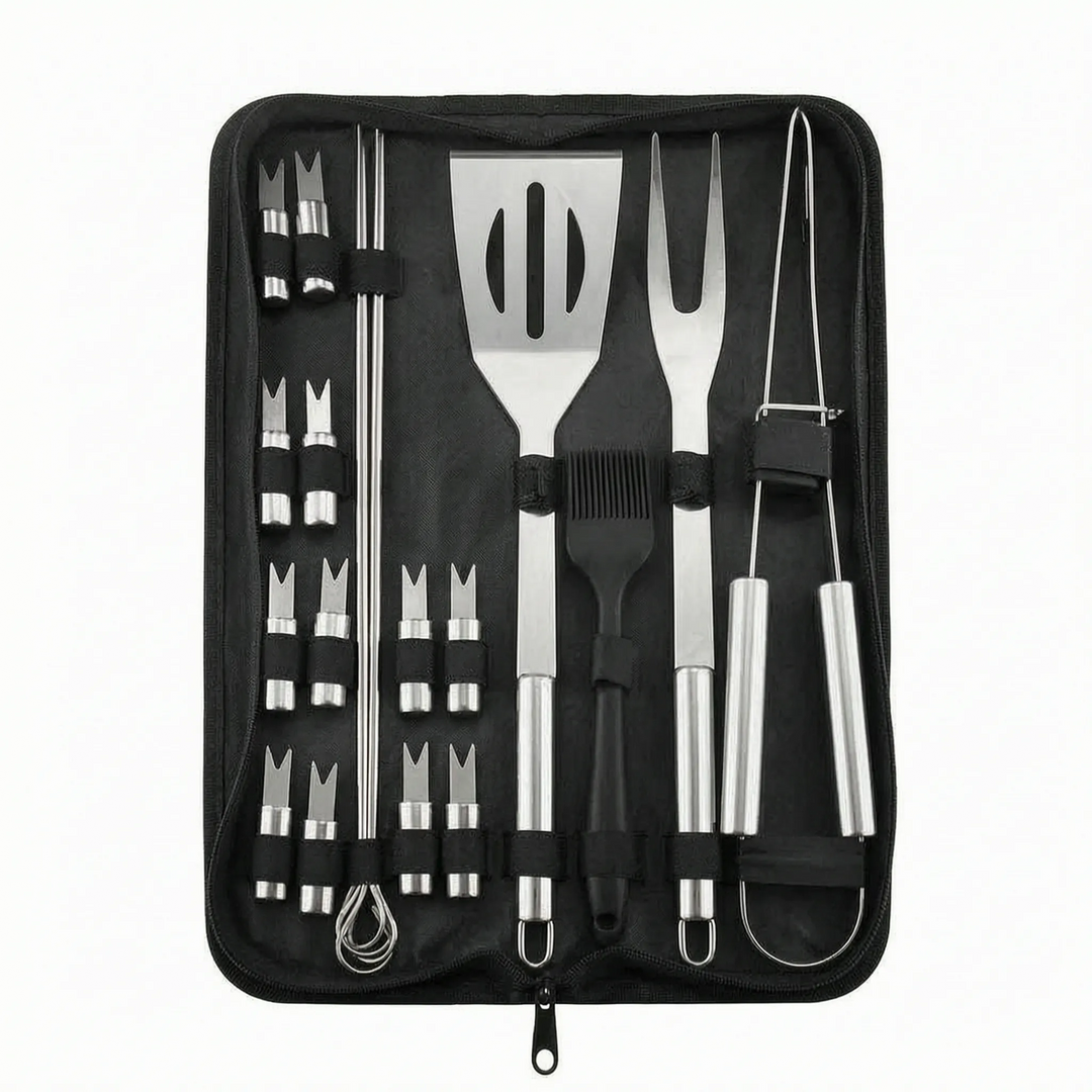 Stylish men's portable BBQ tool set featuring stainless steel utensils for grilling, camping & backyard parties.