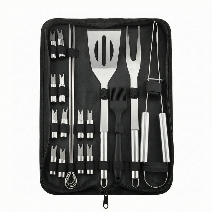 Stylish men's portable BBQ tool set featuring stainless steel utensils for grilling, camping & backyard parties.
