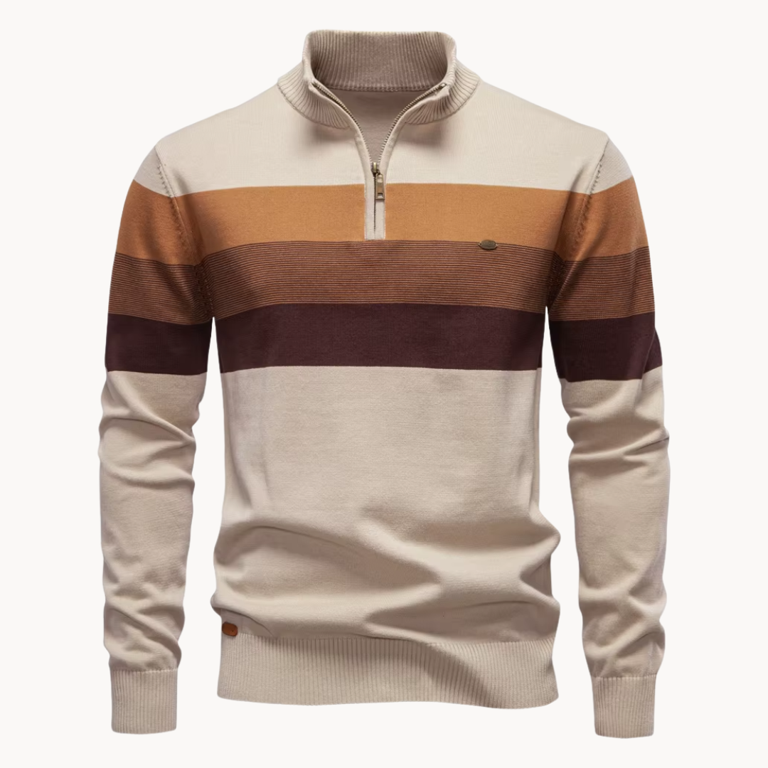 Close-up of men's quarter-zip sweater texture. High-quality Portofino knit pullover for comfort and style.