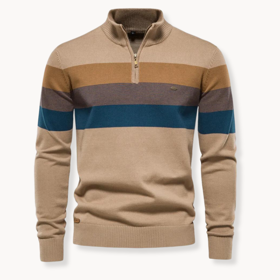 Man wearing a striped quarter-zip Portofino sweater. Stylish men's pullover top for casual or smart casual.