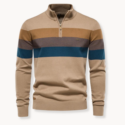 Man wearing a striped quarter-zip Portofino sweater. Stylish men's pullover top for casual or smart casual.