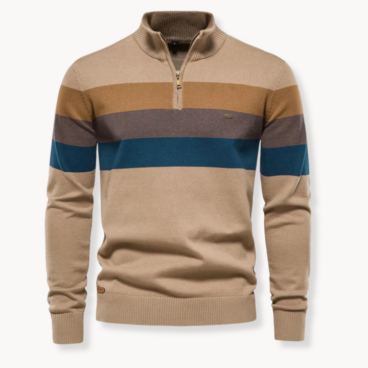 Man wearing a striped quarter-zip Portofino sweater. Stylish men's pullover top for casual or smart casual.