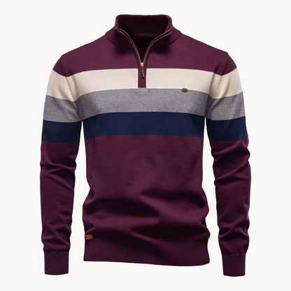 Men's navy Portofino quarter-zip sweater with ribbed cuffs. Fashionable and comfortable long-sleeve top.