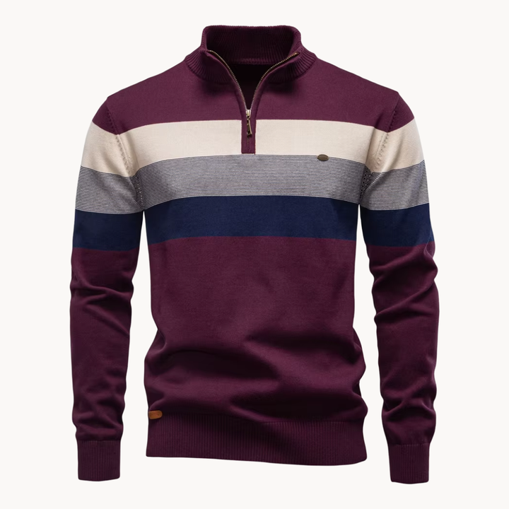 Men's navy Portofino quarter-zip sweater with ribbed cuffs. Fashionable and comfortable long-sleeve top.