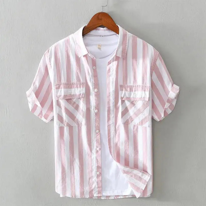 Stylish men's striped short-sleeve shirt. Tailored button-up, perfect casual summer fashion for travel & resorts.