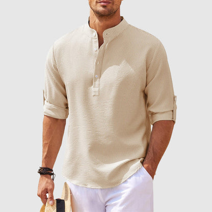 Stylish men's Henley shirt, Positano style. Long-sleeve casual top for summer fashion and relaxed comfort.