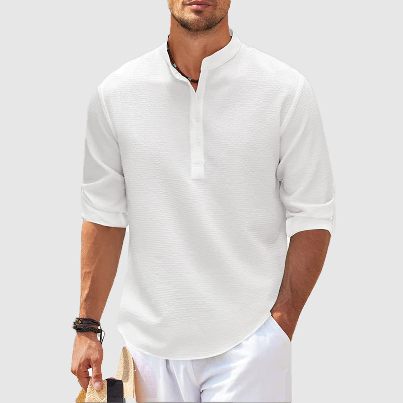 Men's Positano style Henley shirt. Casual long-sleeve top designed for ultimate comfort in warm summer weather.