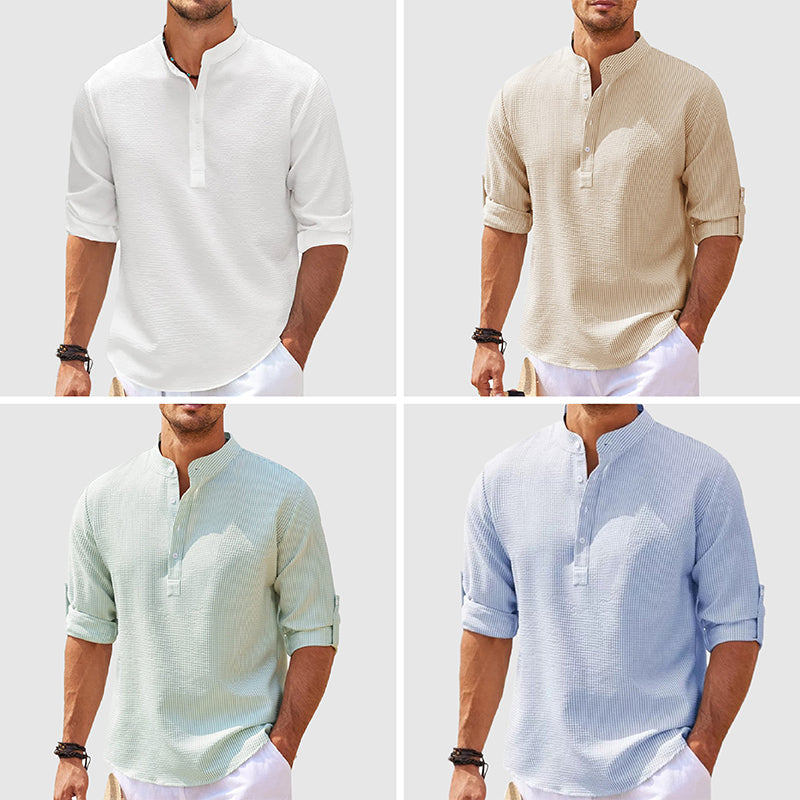 Relaxed fit men's casual Henley shirt, a comfortable long-sleeve summer top for warm weather & vacation fashion.