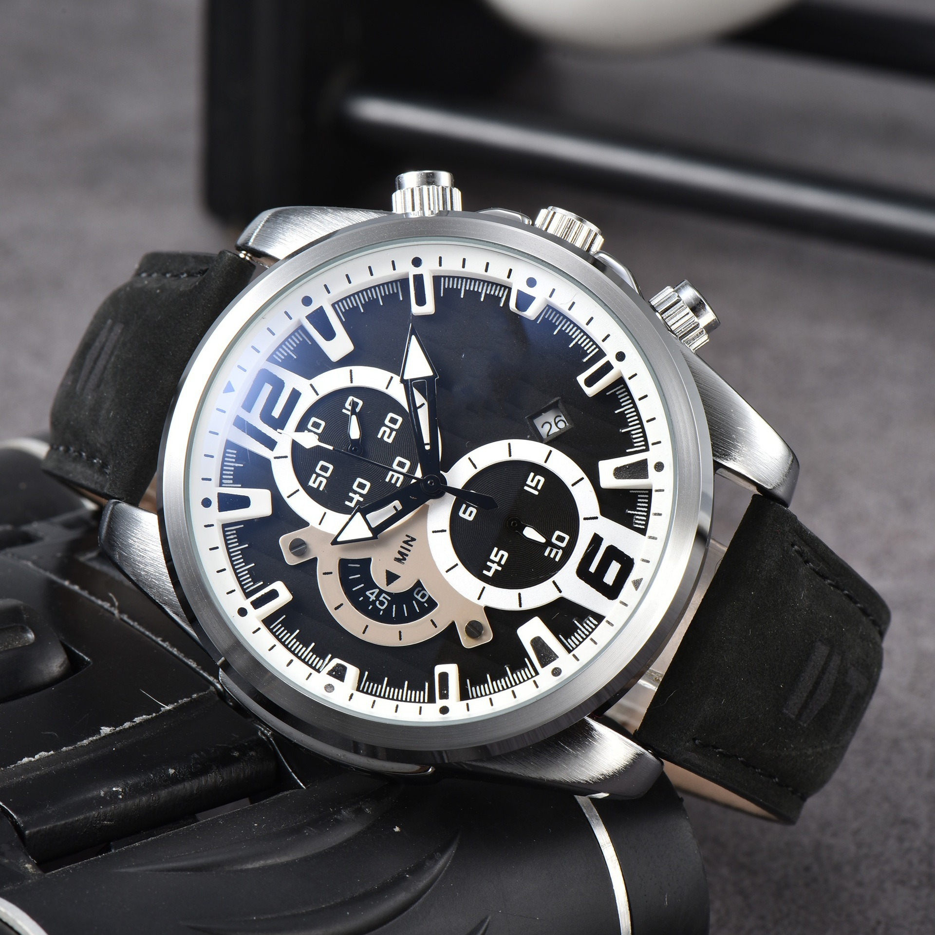 Men's Precision Chronograph Watch with stainless steel case, black dial, and genuine leather strap for sport & style.