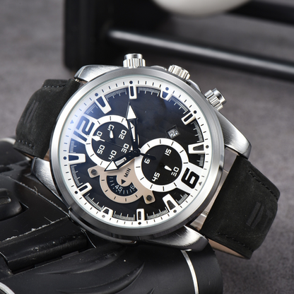 Men's Precision Chronograph Watch with stainless steel case, black dial, and genuine leather strap for sport & style.