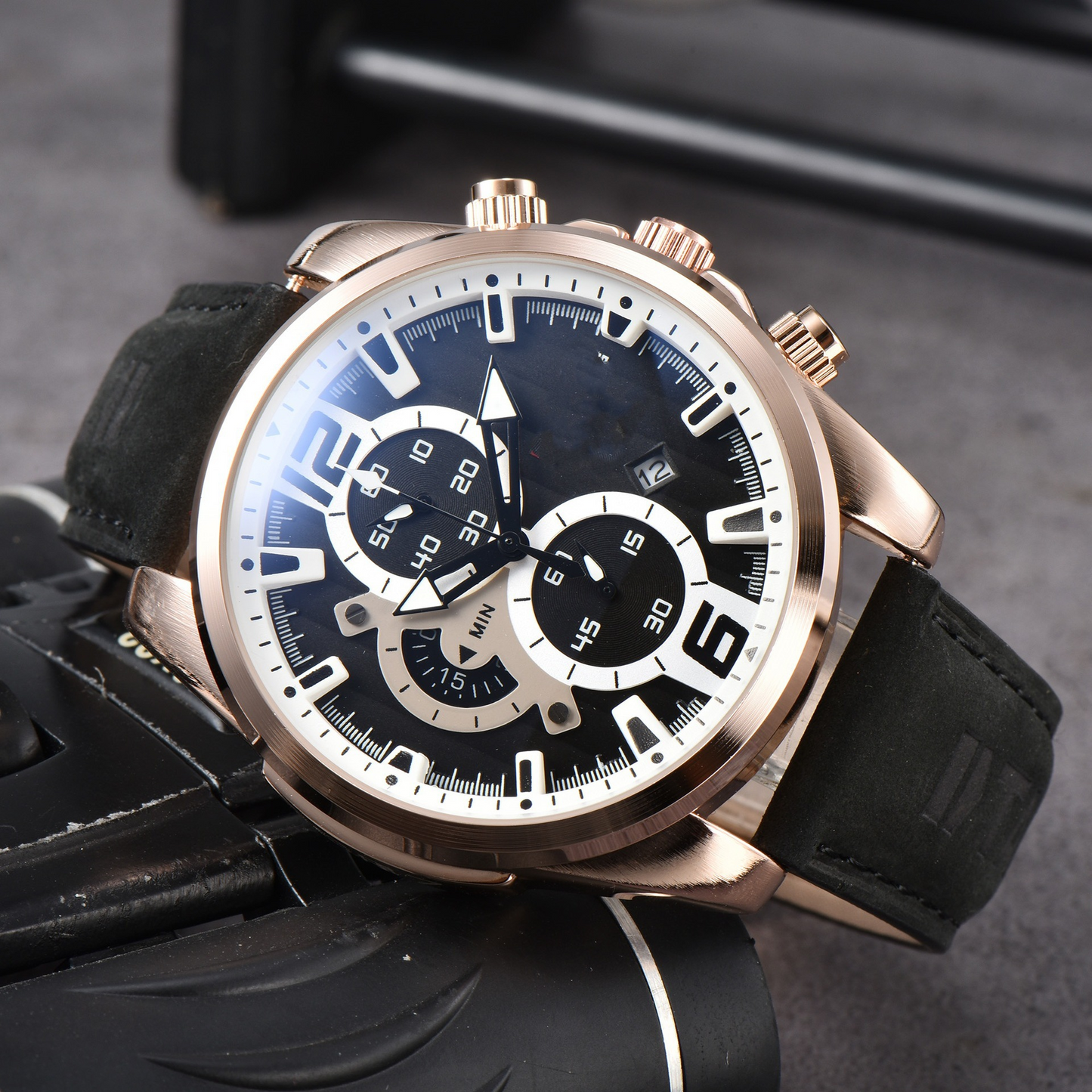 High-quality men's accessory: A precision chronograph watch with a robust stainless steel case and leather band.