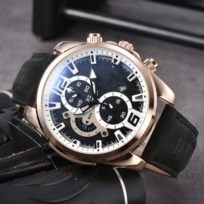 High-quality men's accessory: A precision chronograph watch with a robust stainless steel case and leather band.