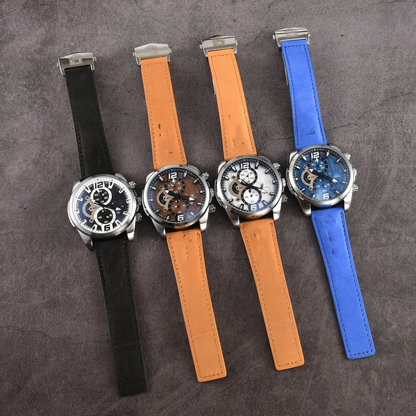 Detailed view of a men's precision chronograph watch, highlighting the dial, pushers, and leather strap texture.