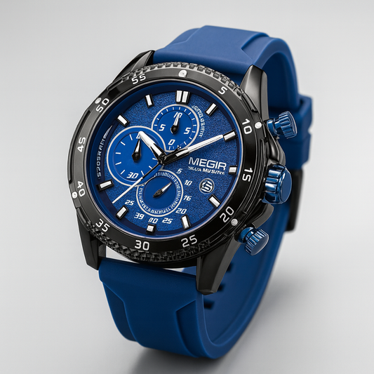 Men's Precision Chronomaster watch with black silicone strap, Swiss quartz movement, and ceramic bezel for sport & fashion.