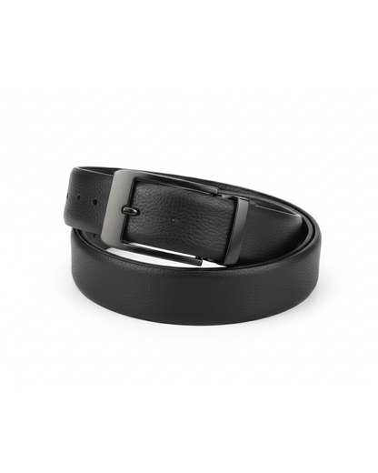 Men's premium 100% cowhide black leather belt with a classic silver buckle. Durable and versatile formal/casual accessory.