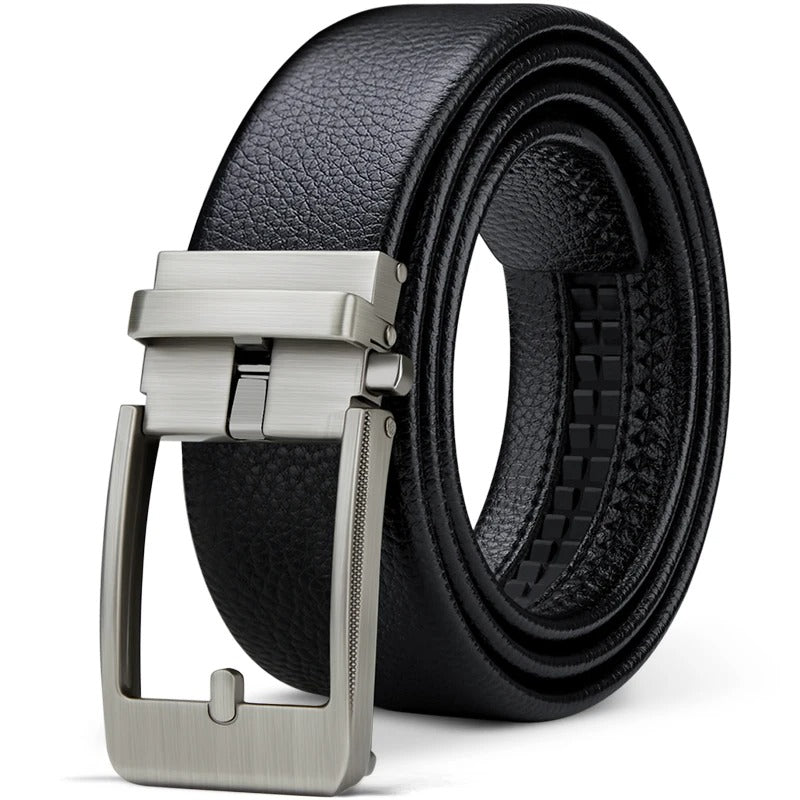 High-quality men's black cowhide leather belt. Premium, durable accessory with a sleek silver buckle for formal & casual wear.