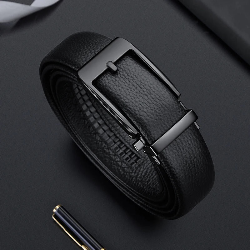Black men's durable cowhide leather belt, perfect for formal or casual wear. Features a sleek silver buckle. Premium accessory.