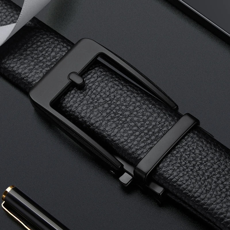 Classic black men's 100% cowhide leather belt. Premium quality, versatile accessory with a polished silver buckle.